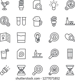 Thin Line Icon Set - bulb vector, blood test vial, heart diagnostic, search cargo, torch, document, estate, client, alcohol, wine card, drink, cocktail, phyto bar, beer, energy saving, consumer