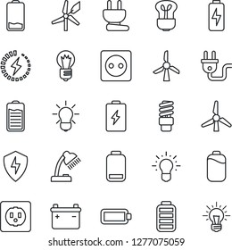 Thin Line Icon Set - bulb vector, battery, low, protect, charge, desk lamp, windmill, socket, power plug, energy saving, idea