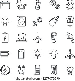 Thin Line Icon Set - bulb vector, factory, ladder, remote control, speaker, battery, rca, charge, windmill, home, power plug, sun panel, alarm led, gear, idea