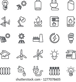 Thin Line Icon Set - bulb vector, factory, fire, low battery, charge, desk lamp, sun panel, windmill, home control, eco house, power plug, water heater, radiator, energy saving, idea