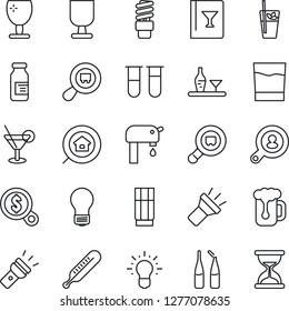 Thin Line Icon Set - bulb vector, blood test vial, thermometer, ampoule, fragile, search cargo, torch, water supply, estate, client, alcohol, wine card, drink, cocktail, phyto bar, beer, money, idea