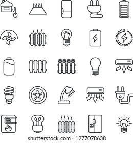 Thin Line Icon Set - bulb vector, ripper, battery, charge, desk lamp, heater, air conditioner, fridge, home control, power plug, fan, water, radiator, warm floor, energy saving, idea