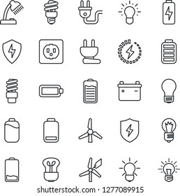 Thin Line Icon Set - bulb vector, battery, low, protect, charge, desk lamp, windmill, socket, power plug, energy saving, idea