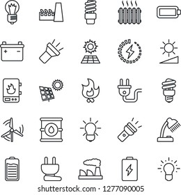 Thin Line Icon Set - bulb vector, factory, fire, oil barrel, battery, torch, brightness, charge, desk lamp, sun panel, windmill, heater, power plug, water, energy saving, idea