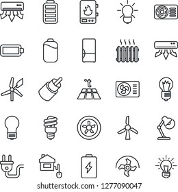Thin Line Icon Set - bulb vector, ripper, battery, rca, desk lamp, heater, air conditioner, fridge, home control, power plug, fan, water, warm floor, energy saving, windmill, idea