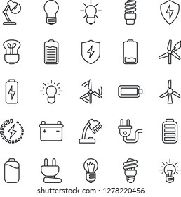 Thin Line Icon Set - bulb vector, battery, low, protect, charge, desk lamp, windmill, power plug, energy saving, idea