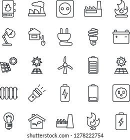 Thin Line Icon Set - bulb vector, factory, fire, battery, low, torch, charge, desk lamp, sun panel, home control, eco house, socket, power plug, water heater, radiator, energy saving, windmill