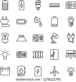 Thin Line Icon Set - bulb vector, battery, low, rca, charge, desk lamp, air conditioner, fridge, home control, power plug, water heater, radiator, warm floor, energy saving, windmill, idea
