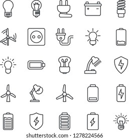 Thin Line Icon Set - bulb vector, battery, low, protect, charge, desk lamp, windmill, socket, power plug, energy saving, idea