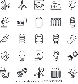 Thin Line Icon Set - bulb vector, factory, fire, oil barrel, battery, low, torch, desk lamp, sun panel, windmill, heater, power plug, water, radiator, energy saving, idea