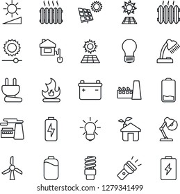 Thin Line Icon Set - bulb vector, factory, fire, low battery, torch, brightness, charge, desk lamp, sun panel, heater, home control, eco house, power plug, energy saving, windmill