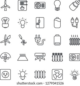Thin Line Icon Set - bulb vector, ripper, low battery, rca, heater, air conditioner, fridge, socket, power plug, fan, water, radiator, warm floor, windmill, idea