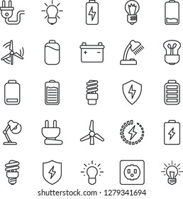 Thin Line Icon Set - bulb vector, battery, low, protect, charge, desk lamp, windmill, socket, power plug, energy saving, idea