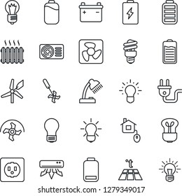 Thin Line Icon Set - bulb vector, ripper, battery, low, desk lamp, heater, air conditioner, home control, socket, power plug, fan, warm floor, energy saving, windmill, idea