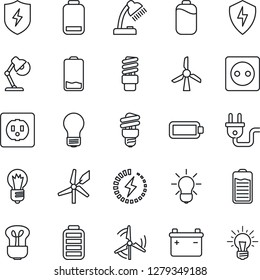 Thin Line Icon Set - bulb vector, battery, low, protect, charge, desk lamp, windmill, socket, power plug, energy saving, idea