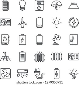 Thin Line Icon Set - bulb vector, ripper, battery, low, charge, desk lamp, heater, air conditioner, fridge, power plug, fan, water, radiator, warm floor, windmill, idea