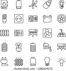 Thin Line Icon Set - bulb vector, battery, low, rca, heater, air conditioner, home control, socket, power plug, fan, water, radiator, warm floor, energy saving, windmill, idea