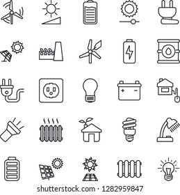 Thin Line Icon Set - bulb vector, oil barrel, battery, torch, brightness, charge, desk lamp, sun panel, windmill, heater, factory, home control, eco house, socket, power plug, radiator, idea