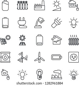 Thin Line Icon Set - bulb vector, factory, oil barrel, low battery, torch, brightness, desk lamp, sun panel, windmill, heater, home control, eco house, socket, power plug, radiator, idea