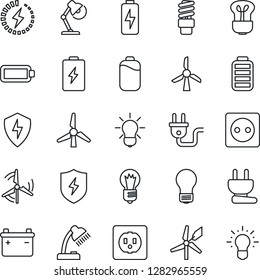 Thin Line Icon Set - bulb vector, battery, protect, charge, desk lamp, windmill, socket, power plug, energy saving, idea