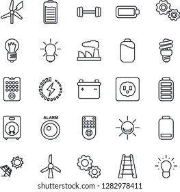 Thin Line Icon Set - bulb vector, factory, ladder, barbell, remote control, speaker, battery, low, charge, socket, energy saving, sun panel, windmill, alarm led, gear, idea