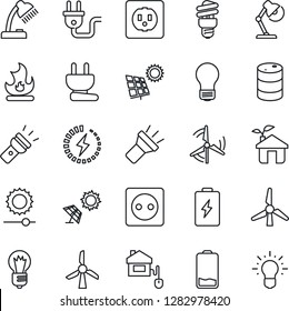 Thin Line Icon Set - bulb vector, fire, oil barrel, low battery, torch, brightness, charge, desk lamp, sun panel, windmill, home control, eco house, socket, power plug, energy saving, idea
