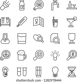 Thin Line Icon Set - bulb vector, blood test vial, thermometer, heart diagnostic, ampoule, fragile, search cargo, torch, document, water supply, estate, alcohol, wine card, drink, cocktail, beer