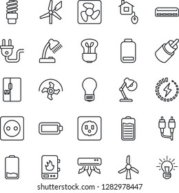 Thin Line Icon Set - bulb vector, ripper, battery, low, rca, charge, desk lamp, air conditioner, fridge, home control, socket, power plug, fan, water heater, energy saving, windmill, idea