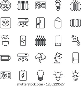 Thin Line Icon Set - bulb vector, ripper, low battery, charge, desk lamp, heater, air conditioner, fridge, home control, socket, fan, radiator, idea