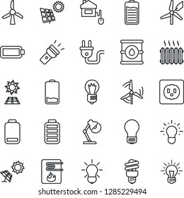 Thin Line Icon Set - bulb vector, oil barrel, battery, low, torch, desk lamp, sun panel, windmill, heater, home control, socket, power plug, water, energy saving, idea