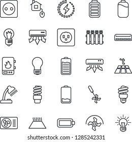 Thin Line Icon Set - bulb vector, ripper, battery, low, charge, desk lamp, air conditioner, home control, socket, water heater, radiator, warm floor, energy saving, idea