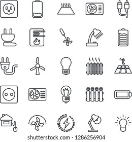 Thin Line Icon Set - bulb vector, ripper, battery, low, rca, charge, desk lamp, heater, air conditioner, home control, socket, power plug, water, radiator, warm floor, windmill, idea