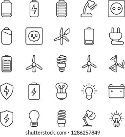 Thin Line Icon Set - bulb vector, battery, low, protect, charge, desk lamp, windmill, socket, power plug, energy saving, idea
