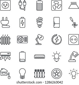 Thin Line Icon Set - bulb vector, ripper, battery, low, rca, charge, desk lamp, heater, air conditioner, fridge, home control, socket, power plug, fan, radiator, warm floor, energy saving, idea