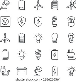 Thin Line Icon Set - bulb vector, battery, low, protect, charge, desk lamp, windmill, socket, power plug, energy saving, idea