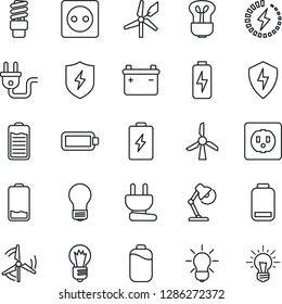 Thin Line Icon Set - bulb vector, battery, low, protect, charge, desk lamp, windmill, socket, power plug, energy saving, idea
