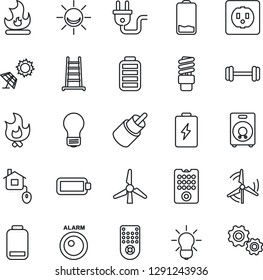 Thin Line Icon Set - bulb vector, ladder, fire, barbell, remote control, speaker, battery, low, rca, windmill, home, socket, power plug, energy saving, sun panel, alarm led, gear