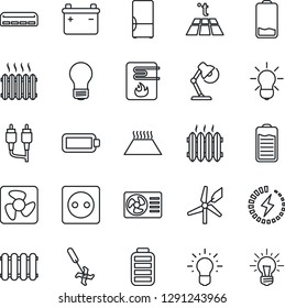 Thin Line Icon Set - bulb vector, ripper, battery, low, rca, charge, desk lamp, heater, air conditioner, fridge, socket, fan, water, radiator, warm floor, windmill, idea