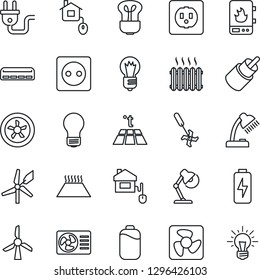Thin Line Icon Set - bulb vector, ripper, rca, battery, charge, desk lamp, heater, air conditioner, home control, socket, power plug, fan, water, warm floor, windmill, idea