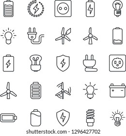 Thin Line Icon Set - bulb vector, battery, low, protect, charge, windmill, socket, power plug, energy saving, idea