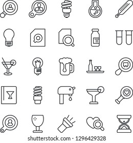 Thin Line Icon Set - bulb vector, blood test vial, thermometer, heart diagnostic, ampoule, fragile, search cargo, torch, document, water supply, client, alcohol, wine card, cocktail, beer, consumer