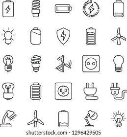 Thin Line Icon Set - bulb vector, battery, low, protect, charge, desk lamp, windmill, socket, power plug, energy saving, idea