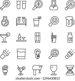 Thin Line Icon Set - bulb vector, blood test vial, heart diagnostic, ampoule, fragile, search cargo, torch, water supply, client, alcohol, drink, cocktail, phyto bar, beer, energy saving, consumer