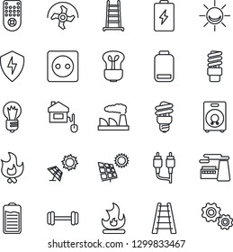 Thin Line Icon Set - bulb vector, factory, ripper, ladder, fire, barbell, remote control, speaker, battery, low, rca, protect, sun panel, home, socket, energy saving, alarm led, gear