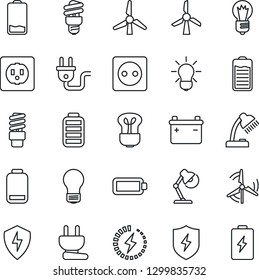 Thin Line Icon Set - bulb vector, battery, low, protect, charge, desk lamp, windmill, socket, power plug, energy saving