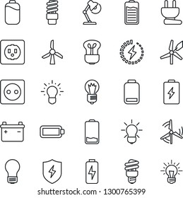 Thin Line Icon Set - bulb vector, battery, low, protect, charge, desk lamp, windmill, socket, power plug, energy saving, idea