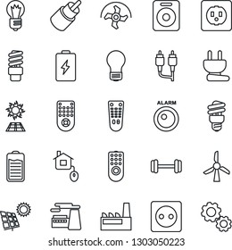 Thin Line Icon Set - bulb vector, factory, ripper, barbell, remote control, speaker, battery, rca, sun panel, home, socket, power plug, energy saving, windmill, alarm led, gear