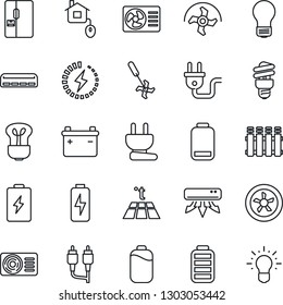 Thin Line Icon Set - bulb vector, ripper, battery, low, rca, charge, air conditioner, fridge, home control, power plug, fan, radiator, warm floor, energy saving, idea