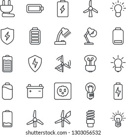 Thin Line Icon Set - bulb vector, battery, low, protect, charge, desk lamp, windmill, socket, power plug, energy saving, idea