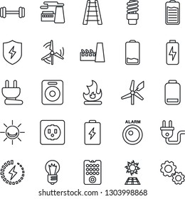 Thin Line Icon Set - bulb vector, factory, ladder, fire, barbell, speaker, battery, low, protect, charge, windmill, socket, power plug, remote control, energy saving, sun panel, alarm led, gear